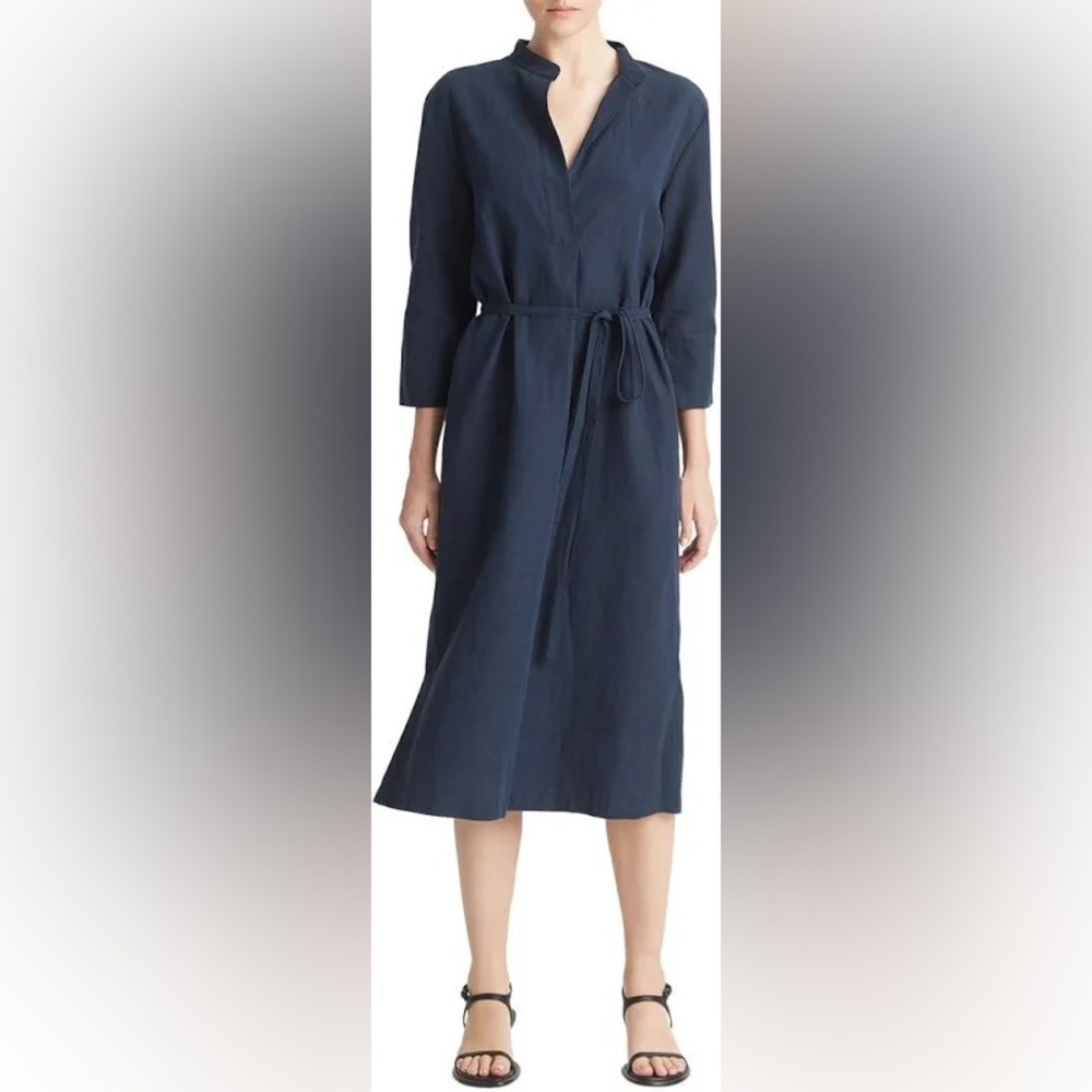Vince collar band linen-blend dress in navy, size medium/large